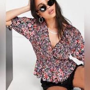 Topshop Multicolor Floral Shirred Ruffle V-Neck Wrap Blouse Size 6